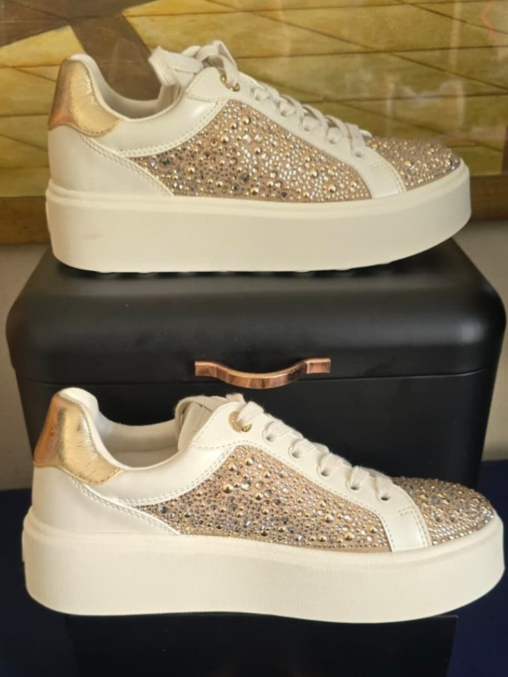 Michael Kors White Gold Rhinestone Sneakers Women Platform Shoes MK Sparkle - Picture 5 of 6